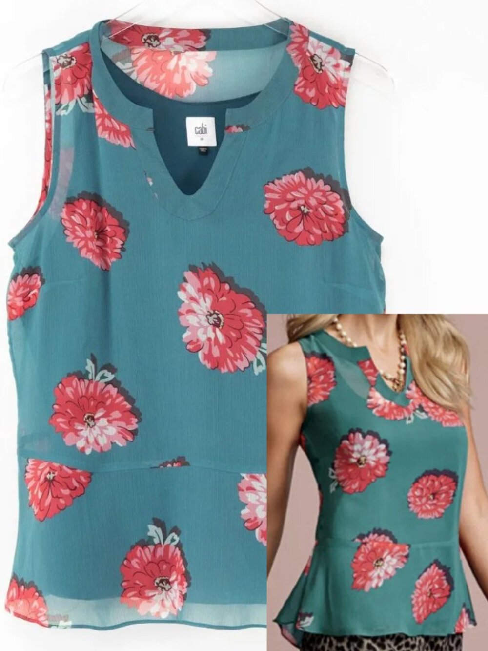 Cabi Blushing Blouse 3445 Floral Print Sleeveless Top Tank Teal Blue Size Medium